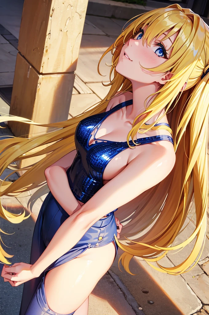 (masterpiece:1.3), (best quality:1.1), (8k, ultra detailed, ultra high res:1.2), ((anime style)), perfect 5 fingers, perfect anatomy, 
1girl,
BREAK long hair, wavy hair, 
(blonde hair), 
(blue eyes), 
medium breasts, camisole, (Sequins:1.2), 
BREAK smile, 
(((looking up))), 
cowboy shot, 
standing, 
white background, 