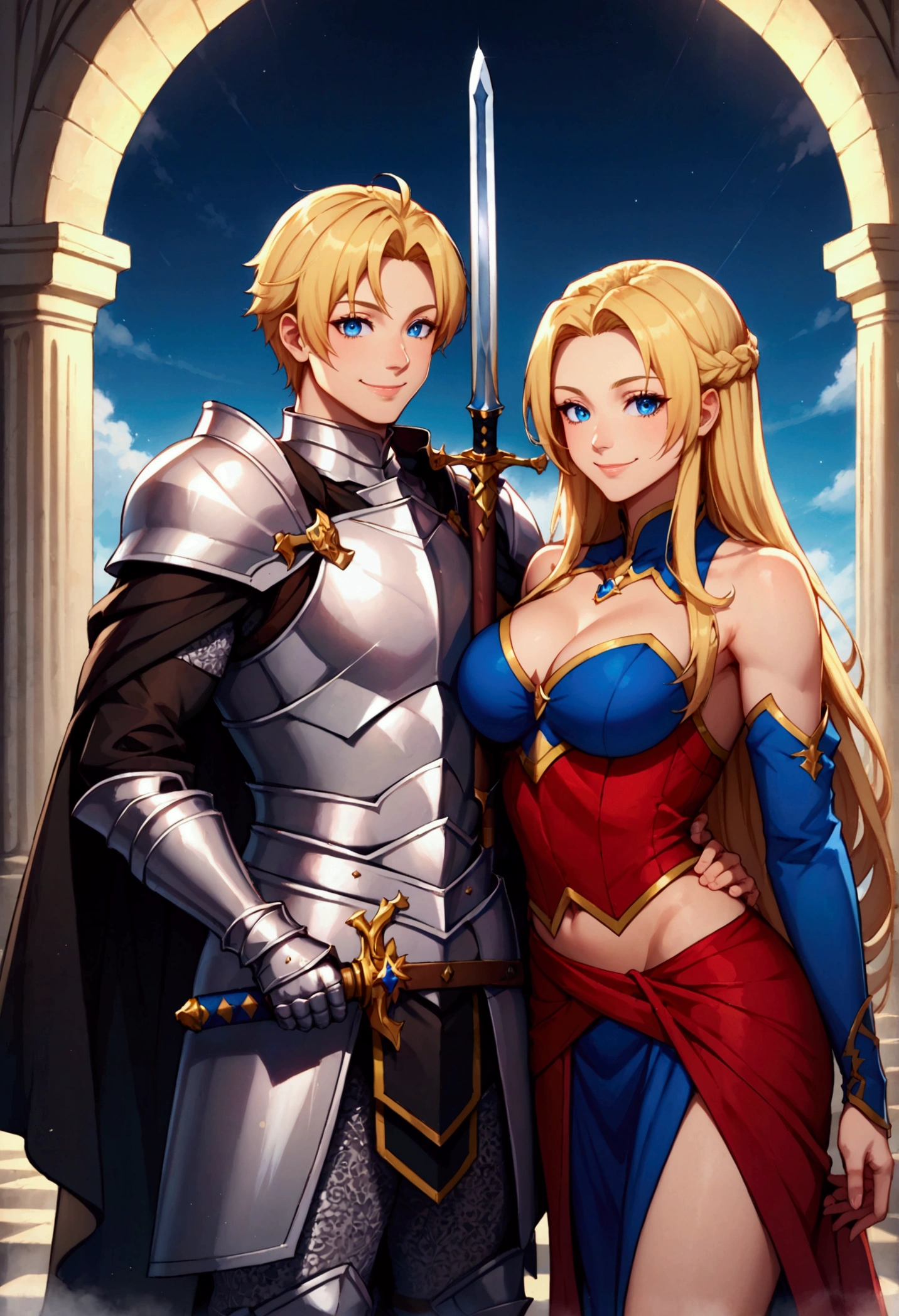 1 man, knight, armored, very long blonde hair, blue eyes, sword in hand, smiling, his black wife besides him