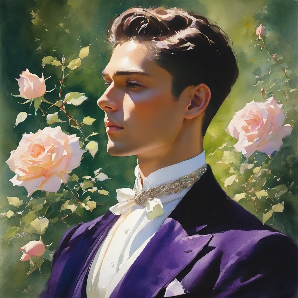 Create a watercolor painting of a young man inspired by the characteristics of the rose 'The Prince.' The male model, standing in a poised and regal posture, with one hand lightly touching his chin and the other resting by his side, evokes a sense of deep contemplation and elegance. He is dressed in a deep, rich velvet jacket in dark purple or crimson, adorned with intricate embroidery and layered over a crisp white shirt, complemented by dark tailored trousers and polished black shoes. His clothing reflects the complex, multi-petaled structure of the rose, with detailed textures and luxurious fabrics.
The composition places the model slightly off-center, allowing for a view of a lush garden background with glossy green leaves and hints of blooming roses, creating a natural yet sophisticated setting. Soft, diffused colors highlight the model's features and clothing, with gentle washes and gradients that add depth and dimension to the painting. The overall atmosphere is one of quiet intensity and refined elegance, with a subtle hint of romanticism.
The painting captures the model at eye level with a slight upward angle to emphasize his regal presence, using delicate brushstrokes and layered washes to achieve a soft, dreamlike quality. The artist uses a palette of rich, deep colors for the clothing and model, contrasting with the muted greens and soft pastels of the background to ensure the model stands out sharply against the softly blurred garden.
For inspiration, consider the works of watercolor artists like John Singer Sargent, known for his ability to capture elegance and refinement with delicate brushwork, and contemporary artist Stephanie Law, whose use of lush, dreamlike settings and intricate details complements the theme perfectly.