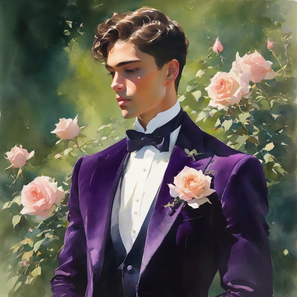 Create a watercolor painting of a young man inspired by the characteristics of the rose 'The Prince.' The male model, standing in a poised and regal posture, with one hand lightly touching his chin and the other resting by his side, evokes a sense of deep contemplation and elegance. He is dressed in a deep, rich velvet jacket in dark purple or crimson, adorned with intricate embroidery and layered over a crisp white shirt, complemented by dark tailored trousers and polished black shoes. His clothing reflects the complex, multi-petaled structure of the rose, with detailed textures and luxurious fabrics.

The composition places the model slightly off-center, allowing for a view of a lush garden background with glossy green leaves and hints of blooming roses, creating a natural yet sophisticated setting. Soft, diffused colors highlight the model's features and clothing, with gentle washes and gradients that add depth and dimension to the painting. The overall atmosphere is one of quiet intensity and refined elegance, with a subtle hint of romanticism.

The painting captures the model at eye level with a slight upward angle to emphasize his regal presence, using delicate brushstrokes and layered washes to achieve a soft, dreamlike quality. The artist uses a palette of rich, deep colors for the clothing and model, contrasting with the muted greens and soft pastels of the background to ensure the model stands out sharply against the softly blurred garden.

For inspiration, consider the works of watercolor artists like John Singer Sargent, known for his ability to capture elegance and refinement with delicate brushwork, and contemporary artist Stephanie Law, whose use of lush, dreamlike settings and intricate details complements the theme perfectly.