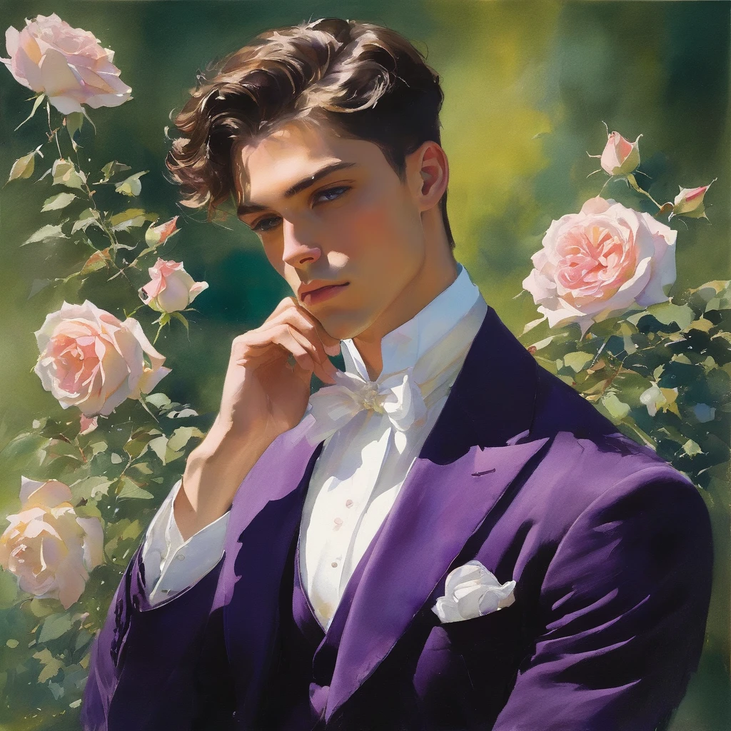 Create a watercolor painting of a young man inspired by the characteristics of the rose 'The Prince.' The male model, standing in a poised and regal posture, with one hand lightly touching his chin and the other resting by his side, evokes a sense of deep contemplation and elegance. He is dressed in a deep, rich velvet jacket in dark purple or crimson, adorned with intricate embroidery and layered over a crisp white shirt, complemented by dark tailored trousers and polished black shoes. His clothing reflects the complex, multi-petaled structure of the rose, with detailed textures and luxurious fabrics.

The composition places the model slightly off-center, allowing for a view of a lush garden background with glossy green leaves and hints of blooming roses, creating a natural yet sophisticated setting. Soft, diffused colors highlight the model's features and clothing, with gentle washes and gradients that add depth and dimension to the painting. The overall atmosphere is one of quiet intensity and refined elegance, with a subtle hint of romanticism.

The painting captures the model at eye level with a slight upward angle to emphasize his regal presence, using delicate brushstrokes and layered washes to achieve a soft, dreamlike quality. The artist uses a palette of rich, deep colors for the clothing and model, contrasting with the muted greens and soft pastels of the background to ensure the model stands out sharply against the softly blurred garden.

For inspiration, consider the works of watercolor artists like John Singer Sargent, known for his ability to capture elegance and refinement with delicate brushwork, and contemporary artist Stephanie Law, whose use of lush, dreamlike settings and intricate details complements the theme perfectly.