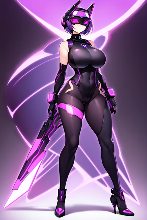 1girl, covered eyes, purple hair, very short hair, large breasts, hourglass figure, bodysuit, black bodysuit, neon, neon trim, machinery, tech, science-fiction, futuristic, standing, full body, ((full body)), pantyhose, head-mounted display, vr visors,, high heels,