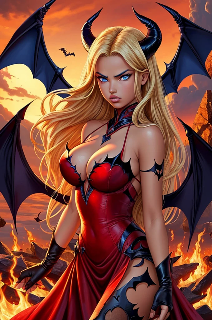 16 year old Adriana Lima, ultra detailed face, ultra detailed blue eyes, long blonde hair, fire, hell, (red dress), (((masterpiece, demon, bat wings, horns)))
