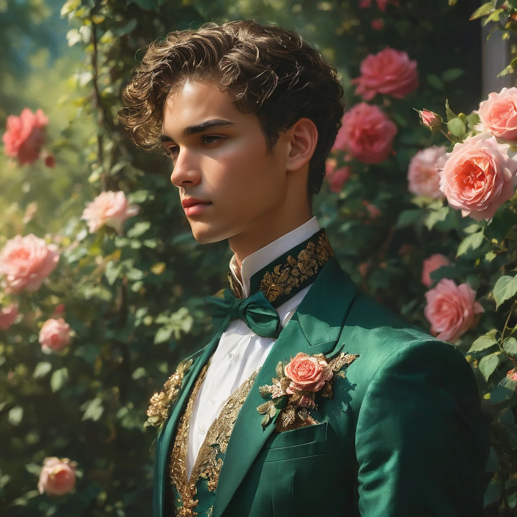 Create an image of a young man inspired by the characteristics of the rose 'The Prince, mixed race male model 23-25 year old, (angel face, prince eyes, lightly sweet smile), standing in a poised and regal posture, hand resting by his side, evokes a sense of deep contemplation and elegance. He is dressed in a deep, rich velvet jacket in dark deep purple or red wine, adorned with intricate embroidery and layered over a crisp black shirt, complemented by dark tailored trousers and polished black shoes. His clothing reflects the complex, multi-petaled structure of the rose, with detailed textures and luxurious fabrics.
The composition places the model slightly off-center, allowing for a view of a lush greenhouse garden background with glossy green leaves and hints of blooming deep-red roses, creating a natural yet sophisticated setting. Soft diffused lighting highlights the model's features and clothing, casting gentle shadows that add depth and dimension to the image. The overall atmosphere is one of quiet intensity and refined elegance, with a subtle hint of romanticism.
The photo is taken at eye level with a slight upward angle to emphasize the model's regal presence, using a medium-format camera, Canon EOS R7 and Sigma AF 85mm F1.4 EX DG HSM lens, used to achieve a shallow depth of field, ensuring the model stands out sharply against the softly blurred background.
 by photographers Thomas Synnamon known for his ability to capture elegance and refinement in fashion photography, golden hour dreamlike settings and intricate details complements the theme perfectly.