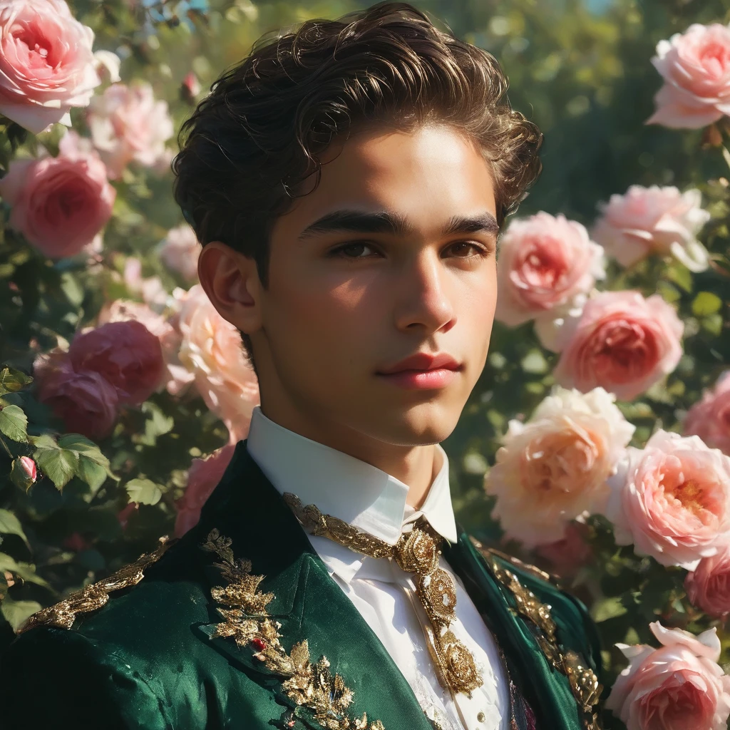 Create an image of a young man inspired by the characteristics of the rose 'The Prince, mixed race male model 23-25 year old, (angel face, prince eyes, lightly sweet smile), standing in a poised and regal posture, hand resting by his side, evokes a sense of deep contemplation and elegance. He is dressed in a deep, rich velvet jacket in dark deep purple or red wine, adorned with intricate embroidery and layered over a crisp black shirt, complemented by dark tailored trousers and polished black shoes. His clothing reflects the complex, multi-petaled structure of the rose, with detailed textures and luxurious fabrics.
The composition places the model slightly off-center, allowing for a view of a lush greenhouse garden background with glossy green leaves and hints of blooming deep-red roses, creating a natural yet sophisticated setting. Soft diffused lighting highlights the model's features and clothing, casting gentle shadows that add depth and dimension to the image. The overall atmosphere is one of quiet intensity and refined elegance, with a subtle hint of romanticism.
The photo is taken at eye level with a slight upward angle to emphasize the model's regal presence, using a medium-format camera, Canon EOS R7 and Sigma AF 85mm F1.4 EX DG HSM lens, used to achieve a shallow depth of field, ensuring the model stands out sharply against the softly blurred background.
 by photographers Thomas Synnamon known for his ability to capture elegance and refinement in fashion photography, golden hour dreamlike settings and intricate details complements the theme perfectly.