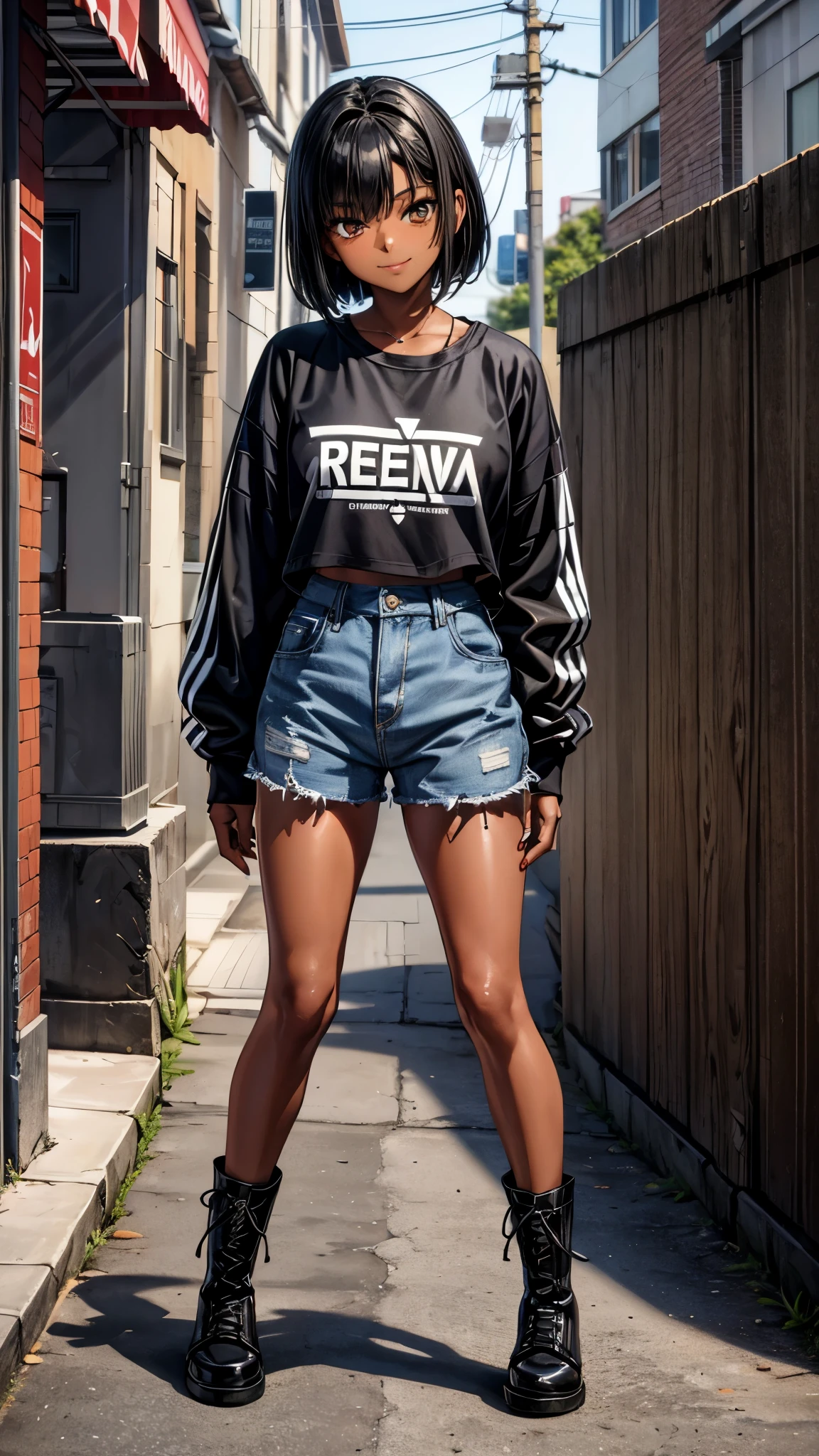 outside the street,((full body1.8)),One 16 years old girl,(dark skin color),short black hair,seductive smile,y2k fashion,jersey tops,shorts,lace up long army boots.