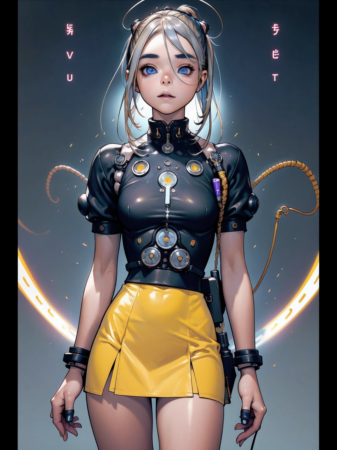 (La best qualityer,A high resolution,ultra - detailed,real),Sabrina Carpenter cyborg, ( yellow mini skirt :1.4), (((hair blue))), WHITE short top,,(Cyberpunk ruined dungeon ruins background :1.4 ), (mechanical vertebrae attached to the back, mechanical cervical fixation to the neck, wires and cables that connect to the head, evangelization, small bright LED lamps:1.4) , 8K more detailed.engine unreal:1.4,ultra HD,La best qualityer:1.4, photorrealistic:1.4, texture skin:1.4, Masterpiece artwork:1.8,Masterpiece artwork, best qualityer,object object], (detailed facial features:1.3),(The correct proportions),(gorgeous blue eyes),  (cowboy pose),( Sabrina Carpenter:1.4), (Sabrina Carpenter V2.1),( Perfect Anatomia:1.4) 