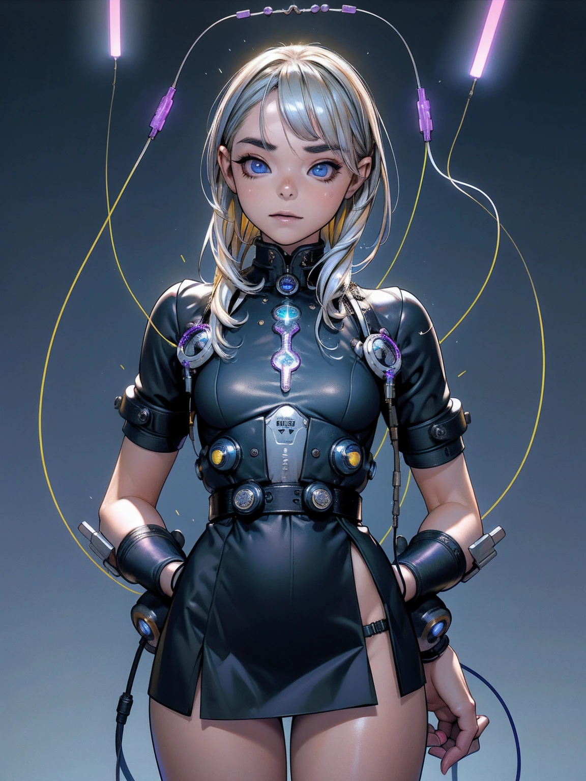 (La best qualityer,A high resolution,ultra - detailed,real),Sabrina Carpenter cyborg, ( yellow mini skirt :1.4), (((hair blue))), WHITE short top,,(Cyberpunk ruined dungeon ruins background :1.4 ), (mechanical vertebrae attached to the back, mechanical cervical fixation to the neck, wires and cables that connect to the head, evangelization, small bright LED lamps:1.4) , 8K more detailed.engine unreal:1.4,ultra HD,La best qualityer:1.4, photorrealistic:1.4, texture skin:1.4, Masterpiece artwork:1.8,Masterpiece artwork, best qualityer,object object], (detailed facial features:1.3),(The correct proportions),(gorgeous blue eyes),  (cowboy pose),( Sabrina Carpenter:1.4), (Sabrina Carpenter V2.1),( Perfect Anatomia:1.4) 