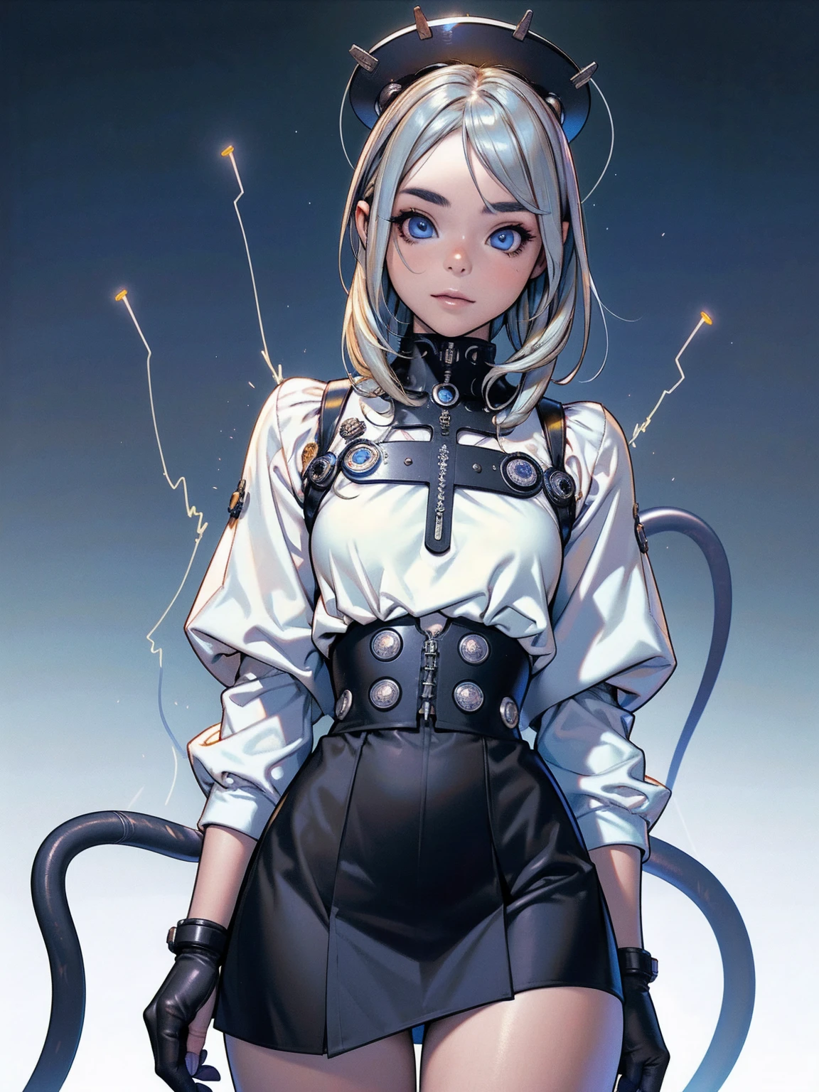 (La best qualityer,A high resolution,ultra - detailed,real),Sabrina Carpenter cyborg, ( yellow mini skirt :1.4), (((hair blue))), WHITE short top,,(Cyberpunk ruined dungeon ruins background :1.4 ), (mechanical vertebrae attached to the back, mechanical cervical fixation to the neck, wires and cables that connect to the head, evangelization, small bright LED lamps:1.4) , 8K more detailed.engine unreal:1.4,ultra HD,La best qualityer:1.4, photorrealistic:1.4, texture skin:1.4, Masterpiece artwork:1.8,Masterpiece artwork, best qualityer,object object], (detailed facial features:1.3),(The correct proportions),(gorgeous blue eyes),  (cowboy pose),( Sabrina Carpenter:1.4), (Sabrina Carpenter V2.1),( Perfect Anatomia:1.4) 
