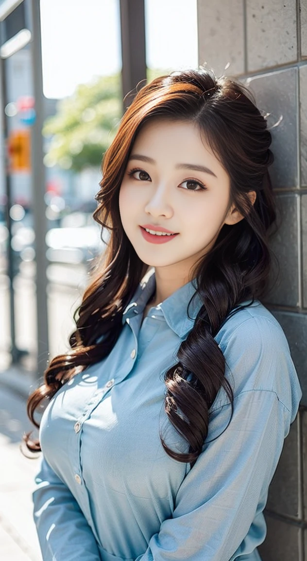 (1 cute korean stars,Large breast bulge) ,Long hair,of the highest quality, 1 beautiful woman, age 28, S, 35mm lens, F/1, Cowboy Shot, Concrete background、Tile background、Perm Hair、Sweat Plaid shirt、Golden brown