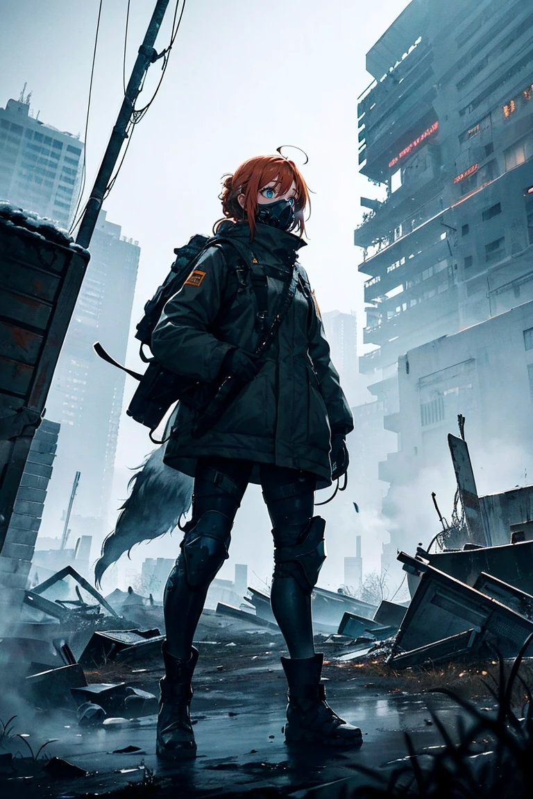 The scene depicts a female character standing in a post-apocalyptic Chernobyl. She is holding a birthday cake with glowing candles showing the number 10 in her hands. The cake signifies the tenth anniversary. She has long, reddish-orange hair tied in a braid and wears a high-tech gas mask with multiple filters and transparent lenses that reveal her determined eyes. Her full-body protective suit, made of kevlar-like material, is primarily gray with turquoise details, including integrated armor plates with metallic edges on her chest. She wears thick gloves and reinforced high boots designed for rough terrain. Around her waist and legs are pockets and straps for carrying tools and small equipment.
In the background, the iconic Ferris wheel of Pripyat stands rusted and decayed, alongside an overgrown amusement park. The damaged sarcophagus of the reactor is visible in the distance, with greenish radioactive hot spots glowing faintly. The sky is overcast with thick, dark clouds and occasional silent lightning, creating an oppressive atmosphere. The environment is cold with a persistent, dense fog and radioactive snow covering parts of the ground, emitting a faint eerie glow. Abandoned vehicles and decontamination machinery are scattered around, all covered in rust and ash. Mutated animals, like oversized deer and distorted wolves, occasionally move through the scene. The silence is punctuated by the howls of these creatures and the crunching of vegetation under the weight of the snow. Small survival fires provide a warm glow against the cold, desolate landscape.
