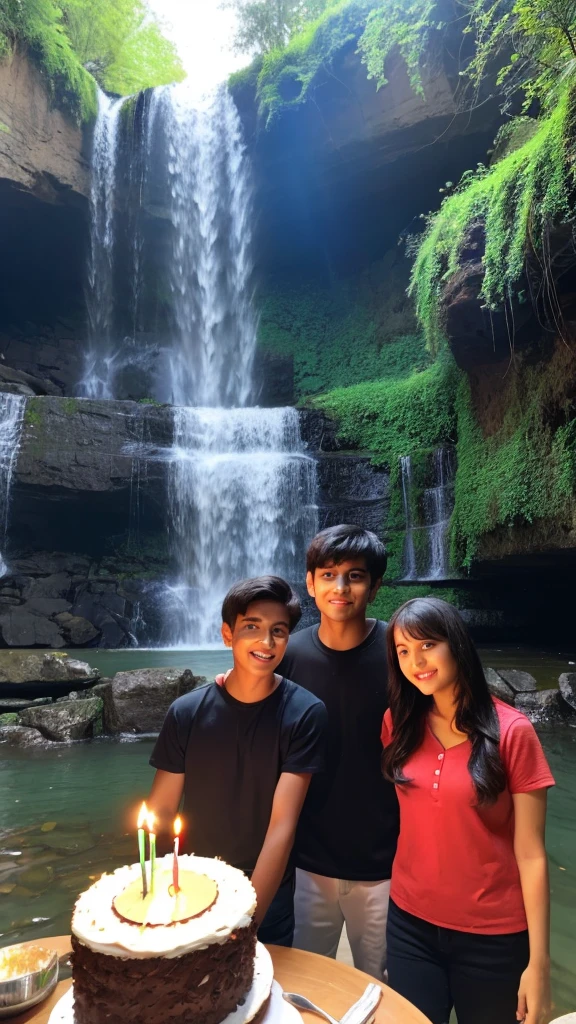 A man the name is Sagar his small sister architha, his small sister celebrating brother's birthday by cutting cake, the background is in the Nature full of waterfall 