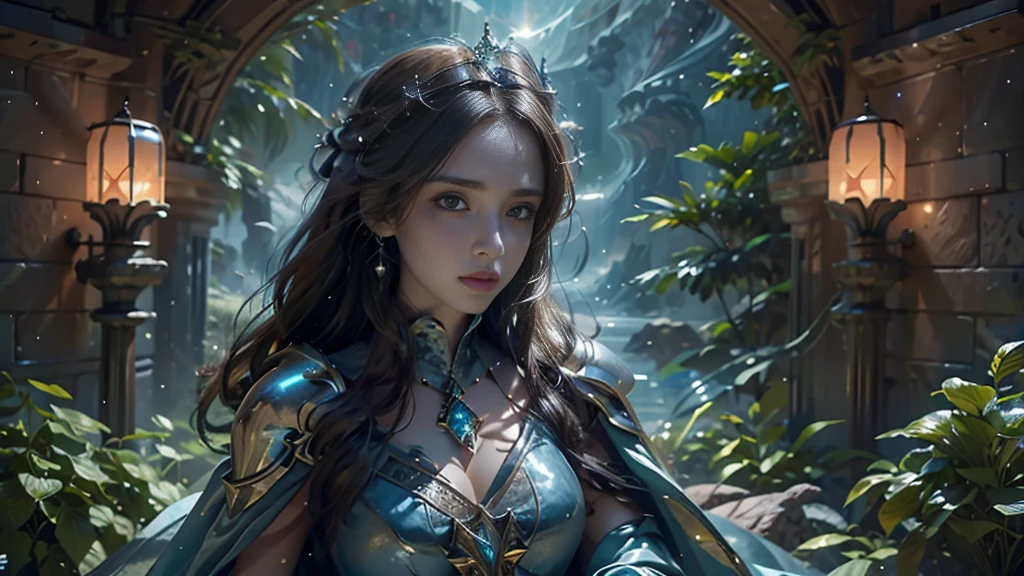 masterpiece, rest, best quality, Very detailed, Super real, 16K, high resolution, castle,jungle, ((Starry Sky)),Female Mage,Gorgeous armor,Complex Mode,Large Breasts,Pretty Face,Closed mouth,dramatic,Half-length photo,Glowing scepter
