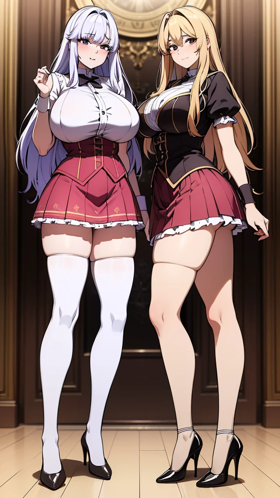 a masterpiece of two busty girls with cream colored hair, huge fluffy hairstyle, parted fringe, hazel eyes, and matching uniforms with sexy lace accents, ribbons, and rainbow short skirts, wearing white thigh-high socks and black high heels, posing together with a psycho face, flat color background, full body, ultra-detailed, (best quality,4k,8k,highres,masterpiece:1.2),ultra-detailed