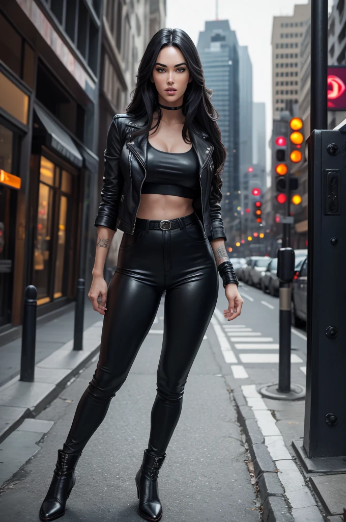 full body Realism, a 22 - year - old girl (Look Like Megan Fox) , Blue Eyes, dark hair, light makeup, dressed in a leather jacket, tight leather pants, beautiful shoes on her feet, night city street in the background, high detail appearance, high detail hairstyle, high detail environment, high detail background, in the background is a modern city, the photo was taken with a photorealistic SLR camera, resolution full hd, 8K