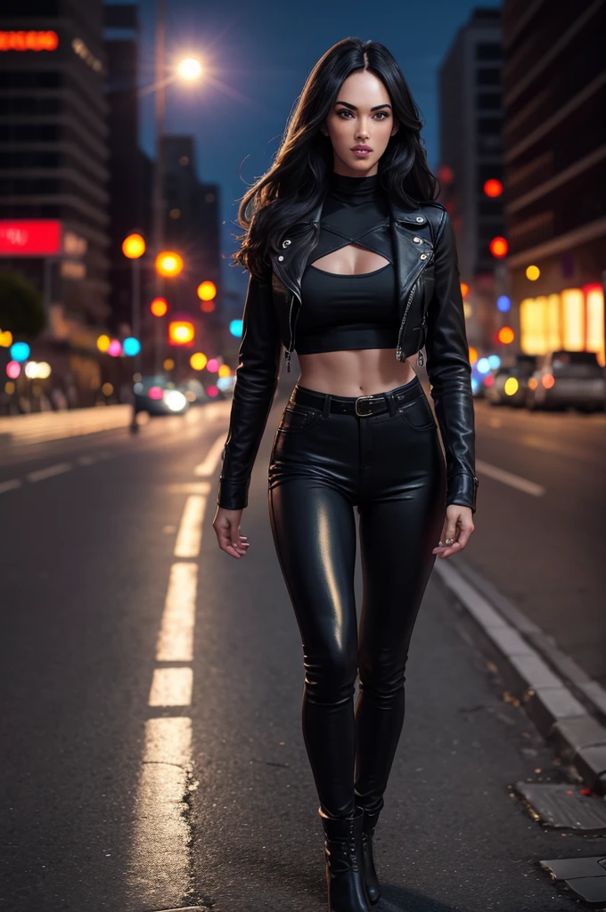 full body Realism, a 22 - year - old girl (Look Like Megan Fox) , Blue Eyes, dark hair, light makeup, dressed in a leather jacket, tight leather pants, beautiful shoes on her feet, night city street in the background, high detail appearance, high detail hairstyle, high detail environment, high detail background, in the background is a modern city, the photo was taken with a photorealistic SLR camera, resolution full hd, 8K