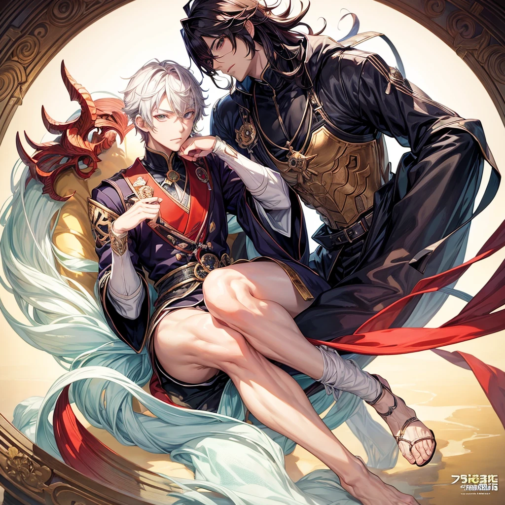 1 handsome anime man sitting in a chair with hand on chin, beautiful anime pose, inspired by Bian Shoumin, official illustration, illustration by Shigenori Soejima, anime portrait of a handsome man, handsome boy in Demon Slayer art style, official art, official character illustration, youthful anime, delicate androgynous prince, official character art, exquisite highly detailed fanart