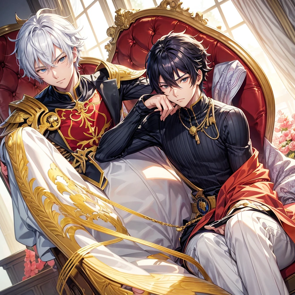 1 handsome anime man sitting in a chair with hand on chin, beautiful anime pose, inspired by Bian Shoumin, official illustration, illustration by Shigenori Soejima, anime portrait of a handsome man, handsome boy in Demon Slayer art style, official art, official character illustration, youthful anime, delicate androgynous prince, official character art, exquisite highly detailed fanart