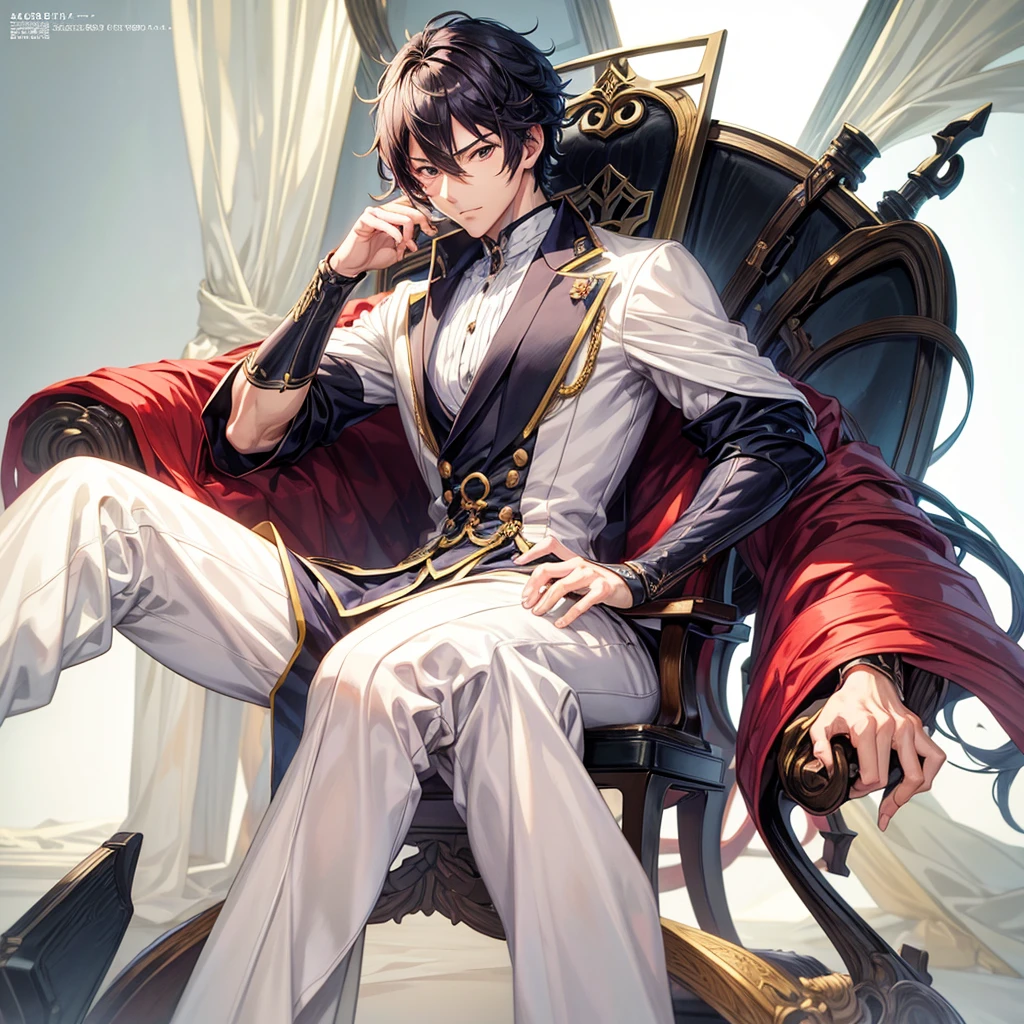 1 handsome anime man sitting in a chair with hand on chin, beautiful anime pose, inspired by Bian Shoumin, official illustration, illustration by Shigenori Soejima, anime portrait of a handsome man, handsome boy in Demon Slayer art style, official art, official character illustration, youthful anime, delicate androgynous prince, official character art, exquisite highly detailed fanart