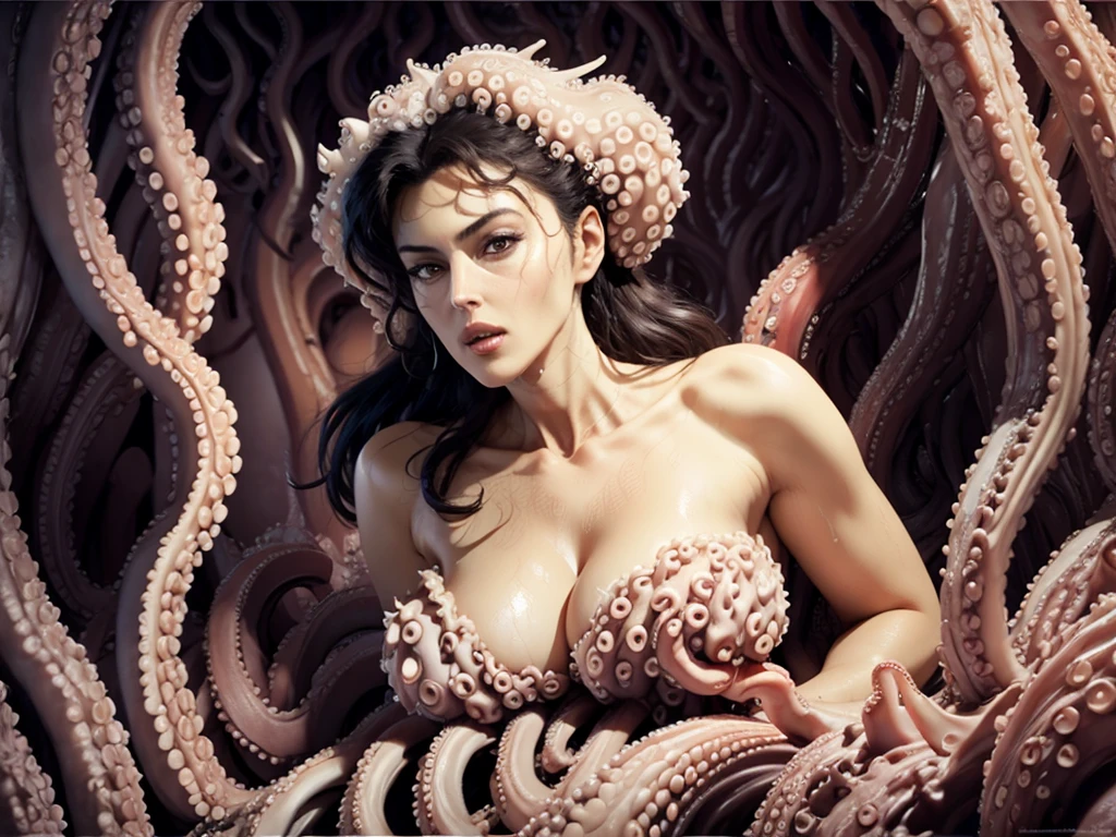 Italian actress Monica Belluci semi-naked, wet and surrounded by hundreds of giant white tentacles, seductive, lascivious look, excited