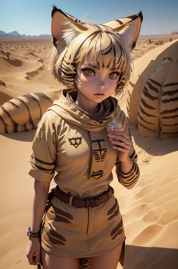 ((girl is sand cat:1.2)), neco ears, in desert, (in taureg clothes), very hot, a sun, manga art, professional art, ultra aesthetic, body detailed, 