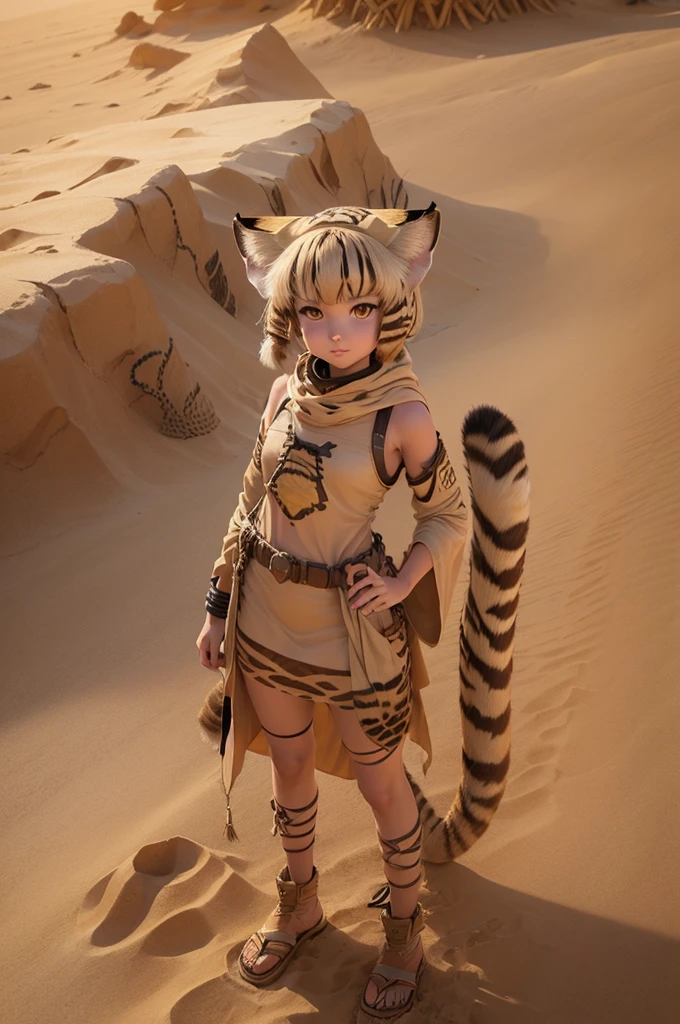 ((girl is sand cat:1.2)), neco ears, in desert, (in taureg clothes), very hot, a sun, manga art, professional art, ultra aesthetic, body detailed, 