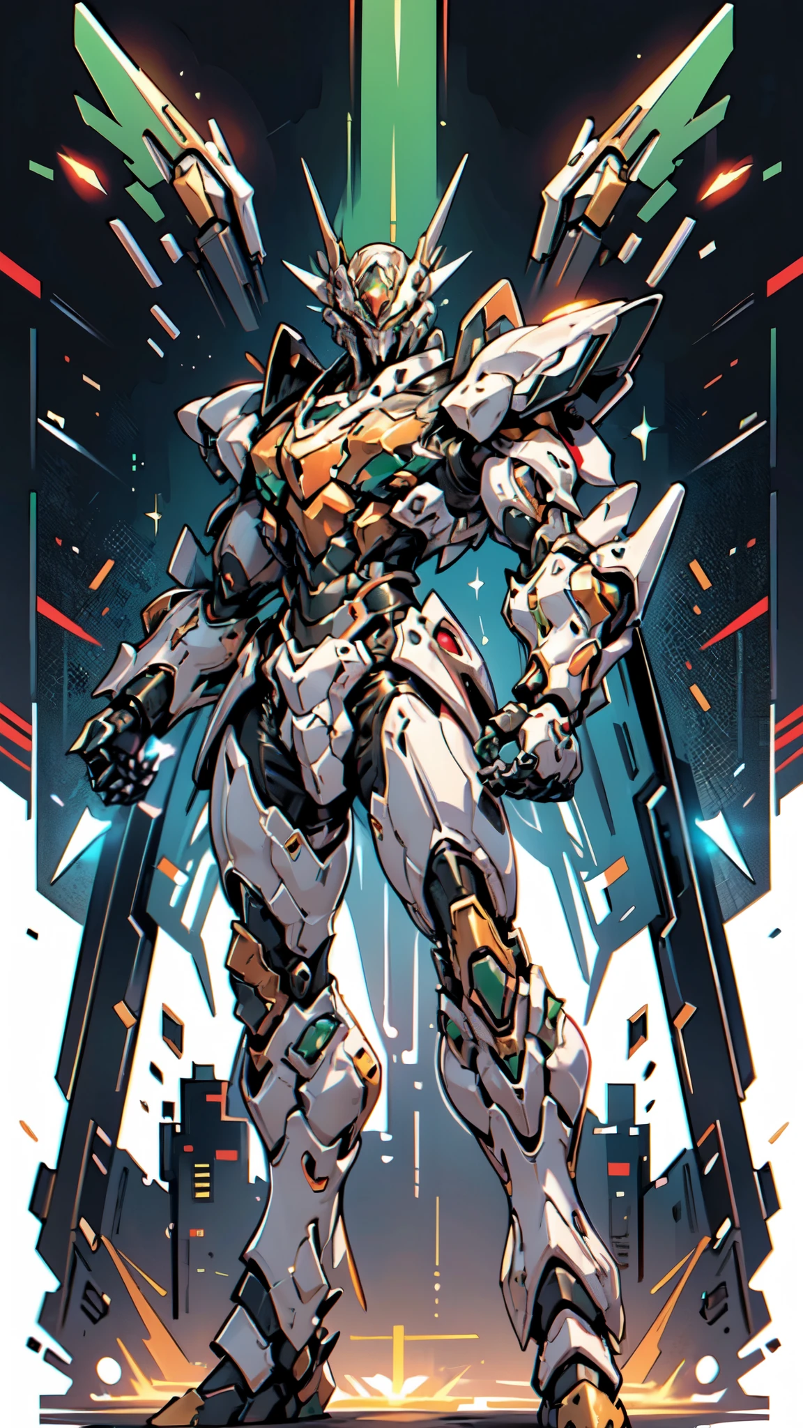 (masterpiece:1.5, best quality:1.5, extremely delicate:1.5, foreshortening:1.5, dynamic angle:1.5), a man wearing a full-face helmet, a fantasy-style biotech armored combat suit, green eyes, (a composite layered chest armor), fully enclosed shoulder guards, matching arm and leg guards, belt of Neon circuit, (the color scheme is primarily white with red green accents), the design balances heavy with agility, a high-tech bio-mecha armor, (Armor Concept Inspired by neon Cyberpunk, stand on the top of a skyscraper in a futuristic sci-fi city), this character embodies a finely crafted fantasy-surreal style armored hero in anime style, exquisite and mature manga art style, (element, plasma, energy, the armor glows), ((male:1.5)), metallic, high definition, highres, ultra-detailed, ultra-fine painting, professional, perfect body proportions, golden ratio, anatomically correct, symmetrical face, extremely detailed eyes and face, high quality eyes, creativity, RAW photo, UHD, 32k, Natural light, cinematic lighting, masterpiece-anatomy-perfect
