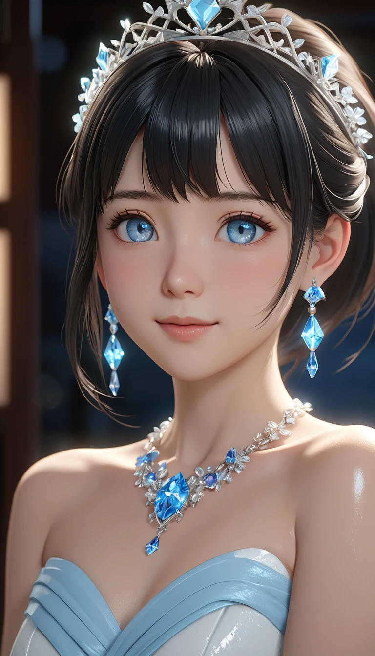 National Science Foundation,masterpiece,High resolution,8K,art,refer,3d,realism,Kyoto Animation Style,Your Name movie style,Looking into the camera,Soft Light,Glowing Skin,超High resolution, Attention to detail, High resolution, 8K, 16K, high quality, 最high quality, Very detailed, Textured skin, Accurate, Anatomically correct, Awards,(((medium shot:1.4))),(1 female: 1.3),(alone: 1.4),(((Black Hair))),美しく光沢のあるBlack Hair,(ponytail),(A woman wearing a beautiful tiara on her head),(Shiny white elegant dress),Elegant dress with Swarovski crystals,(Crystal Hairpin),(Crystal Necklace),(Crystal Earrings),(Crystal Bracelet),(Crystal Ring),Long eyelashes,Thin legs,Upper body close-up,(((Medium Shot))),(Starry Eyes),(((Pale blue eyes:1.5))),Fine eyes,Watery eyes,(blush),(shy),(Please smile with your lips slightly open),Woman smiling shyly,
