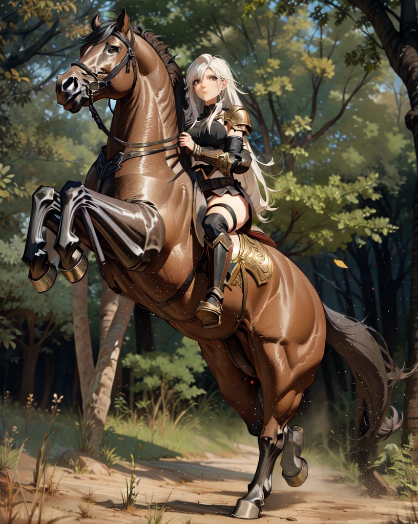 ((best quality)), ((anime masterpiece)), (high detailed), 8k, cinematic lighting, realistic, HDR, vivid color, a female knight riding a BROWN HORSE, long hair, {brunette}, medium breast,(white armor, black gauntlet, black miniskirt, black boots), forest, anatomically correct
