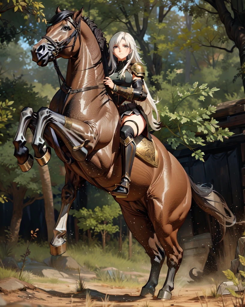 ((best quality)), ((anime masterpiece)), (high detailed), 8k, cinematic lighting, realistic, HDR, vivid color, a female knight riding a BROWN HORSE, long hair, {brunette}, medium breast,(white armor, black gauntlet, black miniskirt, black boots), forest, anatomically correct
