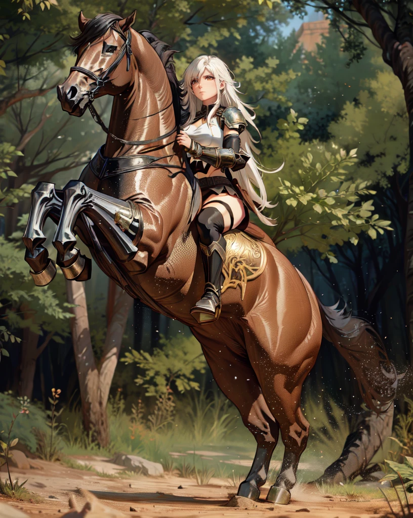 ((best quality)), ((anime masterpiece)), (high detailed), 8k, cinematic lighting, realistic, HDR, vivid color, a female knight riding a BROWN HORSE, long hair, {brunette}, medium breast,(white armor, black gauntlet, black miniskirt, black boots), forest, anatomically correct
