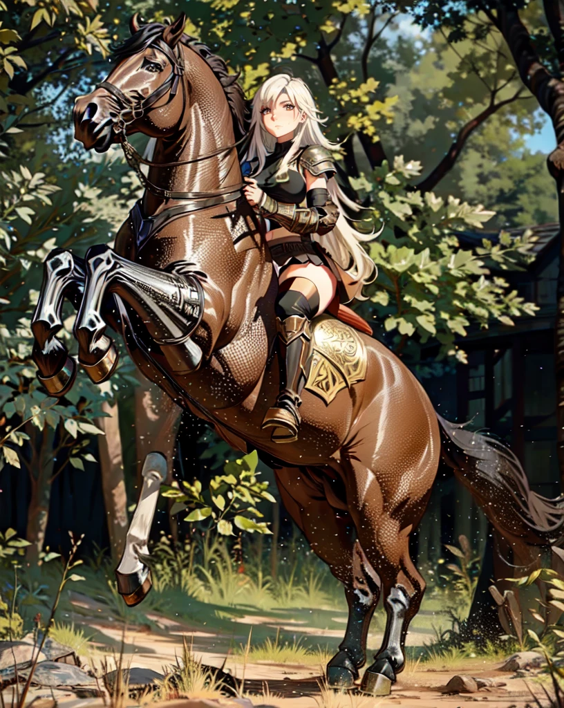 ((best quality)), ((anime masterpiece)), (high detailed), 8k, cinematic lighting, realistic, HDR, vivid color, a female knight riding a BROWN HORSE, long hair, {brunette}, medium breast,(white armor, black gauntlet, black miniskirt, black boots), forest, anatomically correct