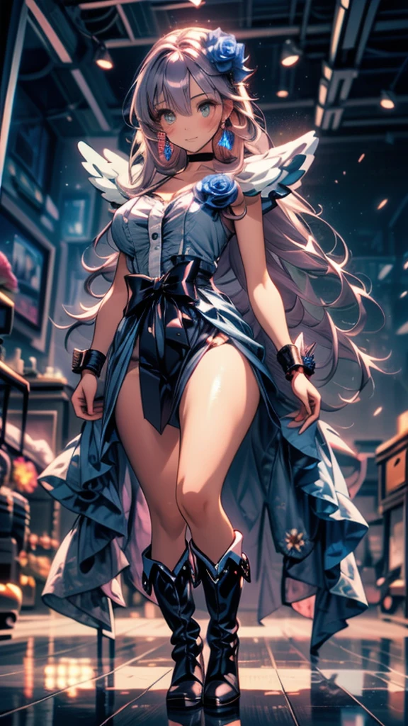 (Highly detailed CG), (Highest quality),((full body))，Anime Style，1 Girl,alone, Purple Hair，black choker, earrings, blue flower, magical girl, waist bow, cure moonlight dress, jewelry, flower, wrist cuffs, single elbow glove, boots, eyelashes,Perfect Face,  Shiny skin, Shiny skin, Wide Hips,Tight waist,boots，Elbow Bag,1 Girl, Long Hair, Big Breasts，Thick thighs，sunset，Octane，