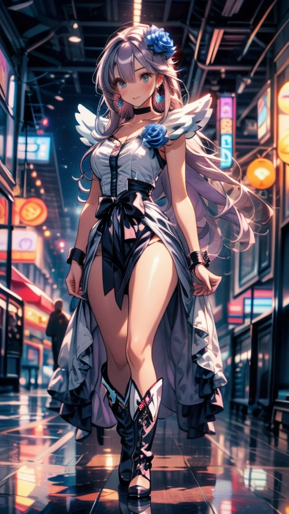 (Highly detailed CG), (Highest quality),((full body))，Anime Style，1 Girl,alone, Purple Hair，black choker, earrings, blue flower, magical girl, waist bow, cure moonlight dress, jewelry, flower, wrist cuffs, single elbow glove, boots, eyelashes,Perfect Face,  Shiny skin, Shiny skin, Wide Hips,Tight waist,boots，Elbow Bag,1 Girl, Long Hair, Big Breasts，Thick thighs，sunset，Octane，