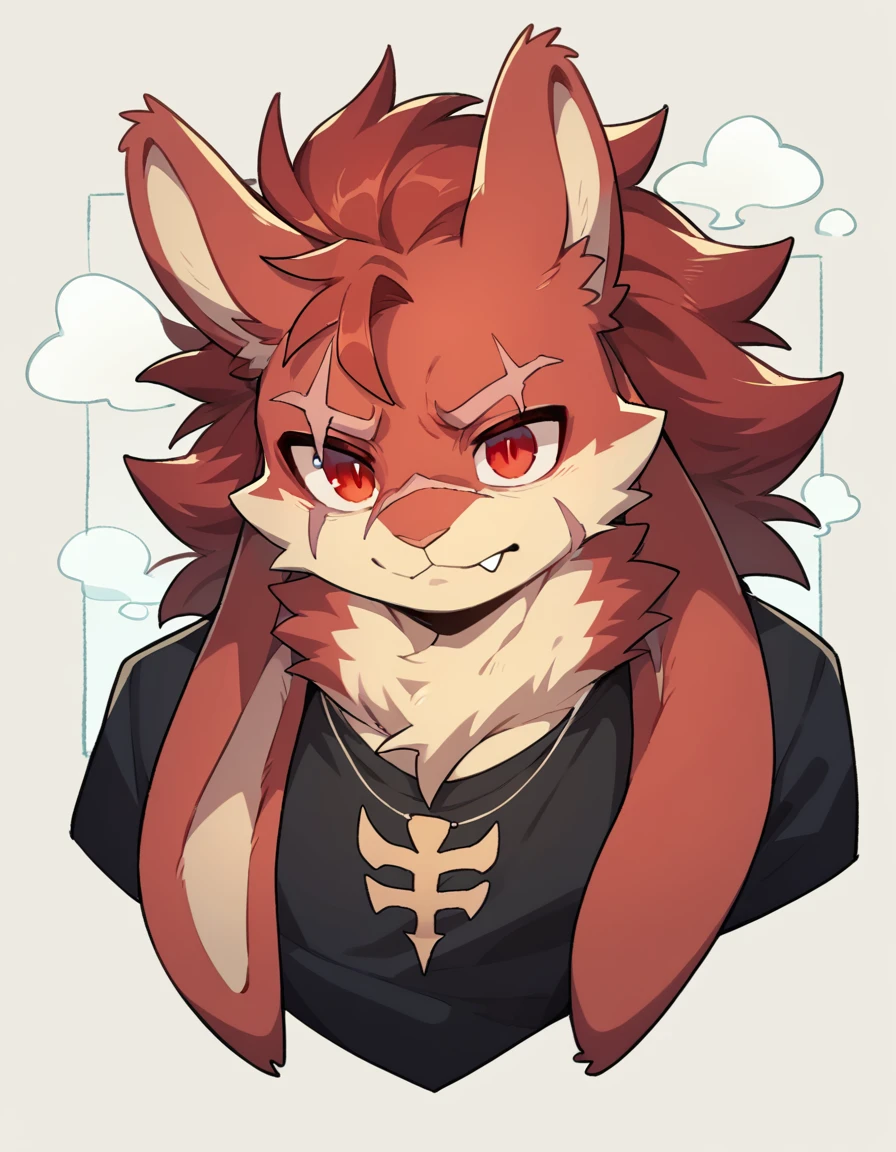 (Rabbit), anthropomorphic red rabbit, alone, (scar on left eye), (2-tone white and red fur), (neck), (perfect red eyes:1.4), （Artist:Takemoto Arashi）, twitch, mature face, older, clear facial details, flash, side of character, long eyelashes, fang, serius , Black shirt,  Bone necklace, exposing chest, ((show upper body)), ((Bust)), Full Length Portrait, Tonalism, Head Out of Frame, Outer Border, Tachi-E, High Details