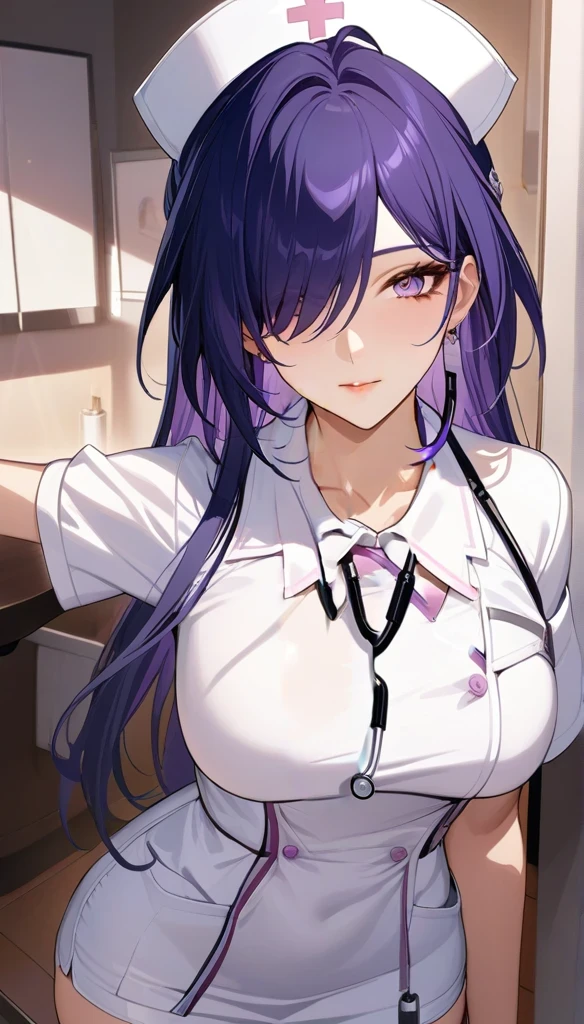 (masterpiece, top quality, best quality, official art, beautiful and aesthetic:1.2),(8k, best quality, masterpiece:1.2), (((masterpiece))),(((best quality))),(((extremely detailed))),illustration,who, (masterpiece, top quality, best quality, official art, beautiful and aesthetic:1.2),(8k, best quality, masterpiece:1.2), (Masterpiece, Best quality, best shadow), (detailed background), 1girl, One, girl, Honkai: star rail, Acheron, purple hair, long hair, shorts, one eye hidden behind hair, hair over one eye, purple eyes, nurse uniform smooth, nurse, nurse hat, stethoscope,