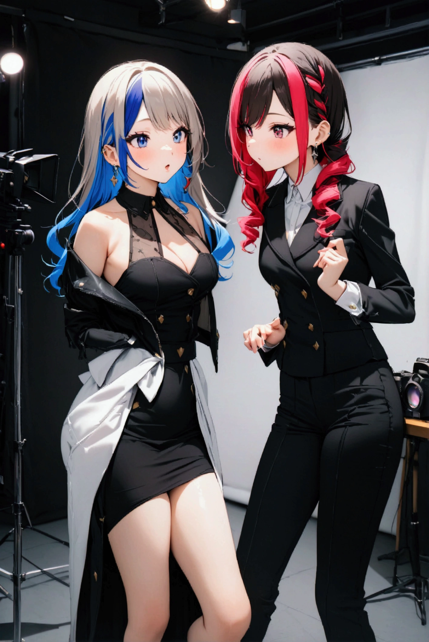 Highest quality,masterpiece,An idol group that is all about sexiness,Two-tone hair color,A good friend,Promotional photo shoot,During a break,Photo studio,chatting,Earrings
