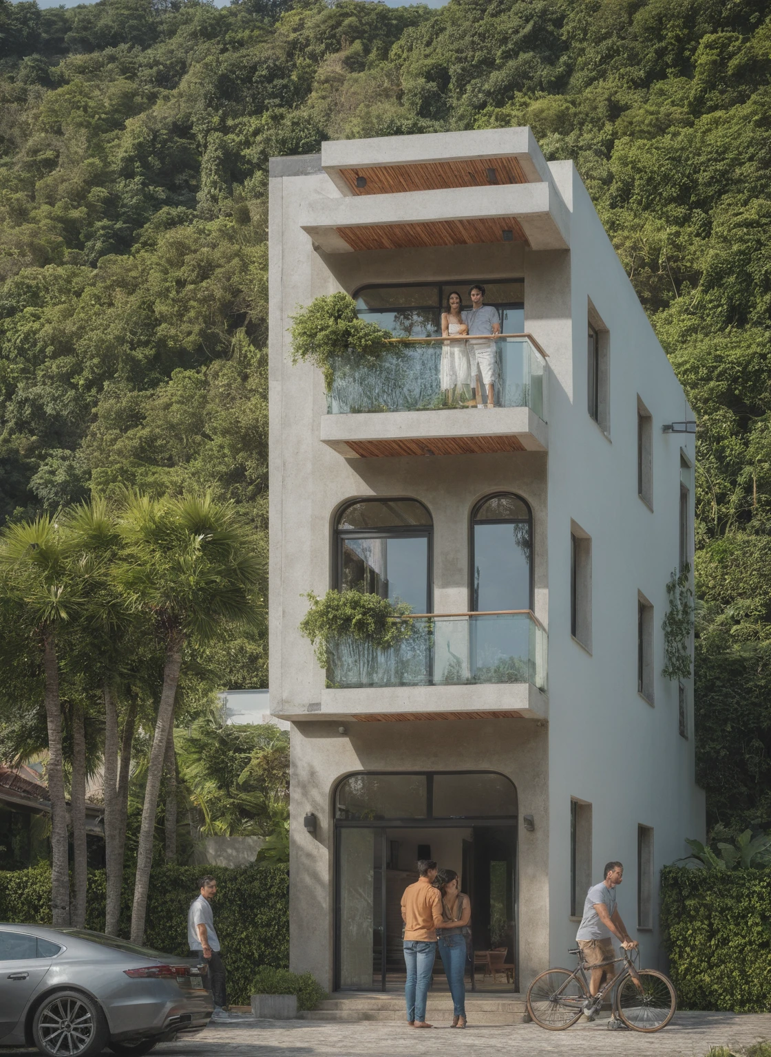 RAW photo, Masterpiece, high quality, best quality, realistic, super detailed, exterior, modernstyle, modern house detailed design, Realistic materials, windows glass, balcony glass railing, wooden ceiling, light tones, tropical plants, daylight, Archdaily architecture, (high detail :1.2), 8k uhd, dslr, soft light, high quality , film grain, Fujifilm XT3