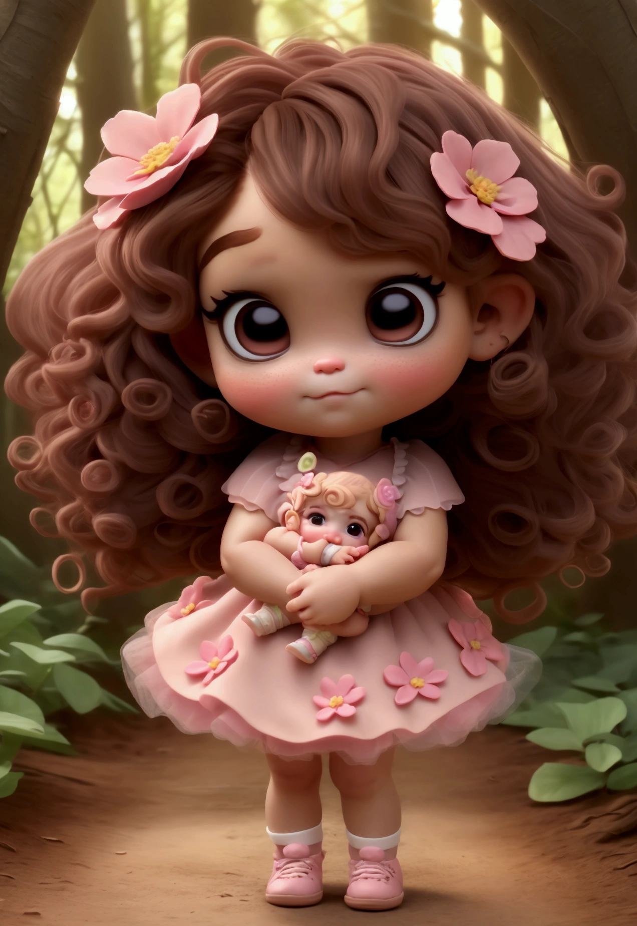 chibi baby fairy 8k, highy detailed, beautiful girl, baby dressed as a chibi fairy, , in a beautiful forest Cover art, hair decorated with flowers , pink tulle dress, pink sneakers with flowers , balance, sanguine, curly brown hair, very short with defined curls. fairy powder 
