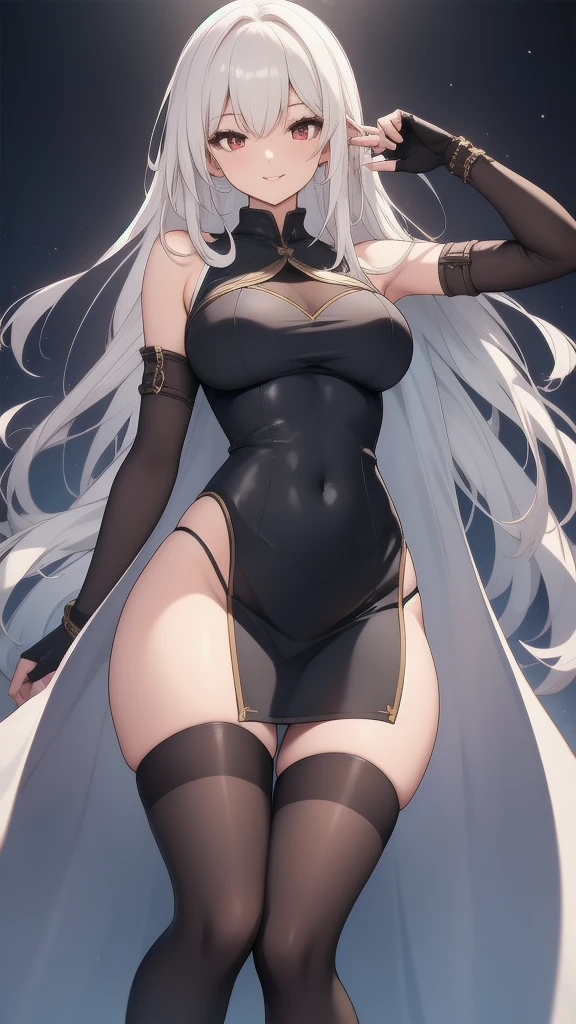 masterpiece, best quality, 1 solo girl, white hair, red eyes, long hair, medium breasts, sexy body and face, wavy hair, smile, parted lips, gradient clothes, dress, elbow gloves, sleeveless, bare shoulders, cape, boots, bracelet, sleeveless dress, ribbon, black gloves, turtleneck, short dress, pantyhose, black footwear, night, sexy pose, cowboy shots, detailed body, face, and eyes, sharp focus, vibrant, creative, dynamic, high definition, high resolution, 8k, (Upscale: R-ESRGAN 4x+ Anime6mage enchance:4x), voluptuous body, cinema lightning, dakimakura style, looking at the viewer,