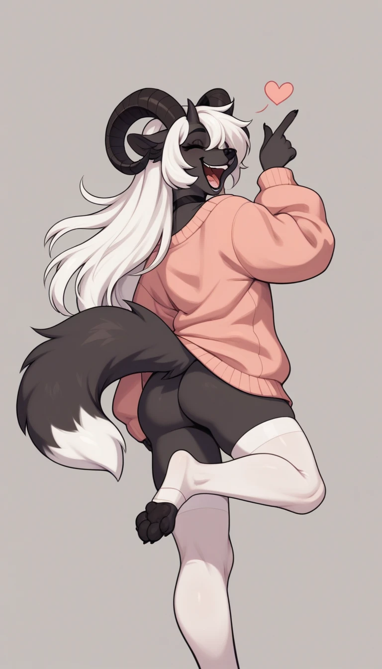 Solo, Score_9, score_8_up, score_7_up, An Anthro furry fox girl, dark grey furry body, fox tail, , black nose, white hair, spiky hair, wearing oversized sweater, white thigh highs, one foot up and in view, exposed toes, 4 toes, mouth open, laughing, rear view, (curved horns), black choker, black detailed choker, feminine, dark fur, (long hair)