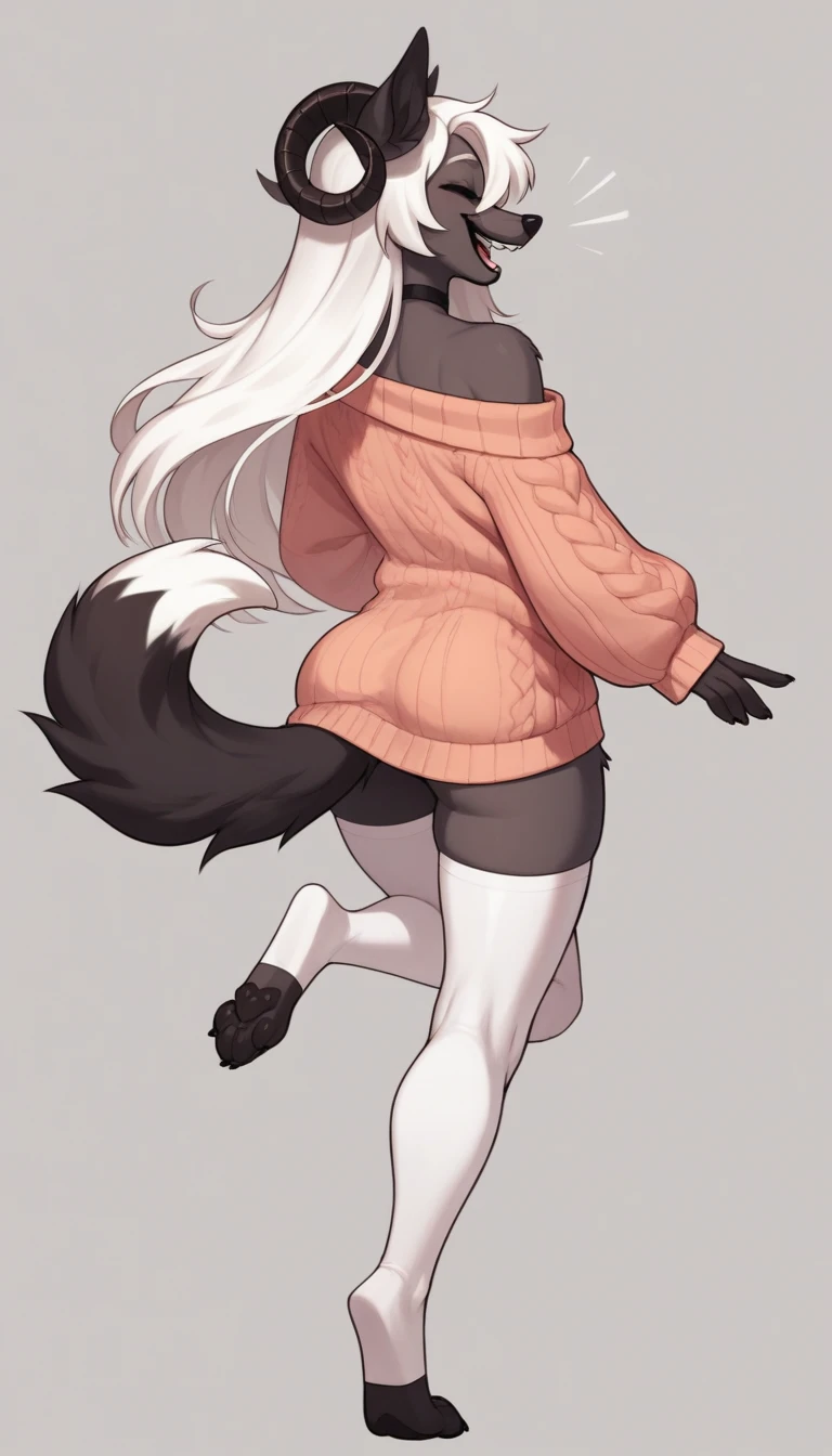 Solo, Score_9, score_8_up, score_7_up, An Anthro furry fox girl, dark grey furry body, fox tail, , black nose, white hair, spiky hair, wearing oversized sweater, white thigh highs, one foot up and in view, exposed toes, 4 toes, mouth open, laughing, rear view, (curved horns), black choker, black detailed choker, feminine, dark fur, (long hair)