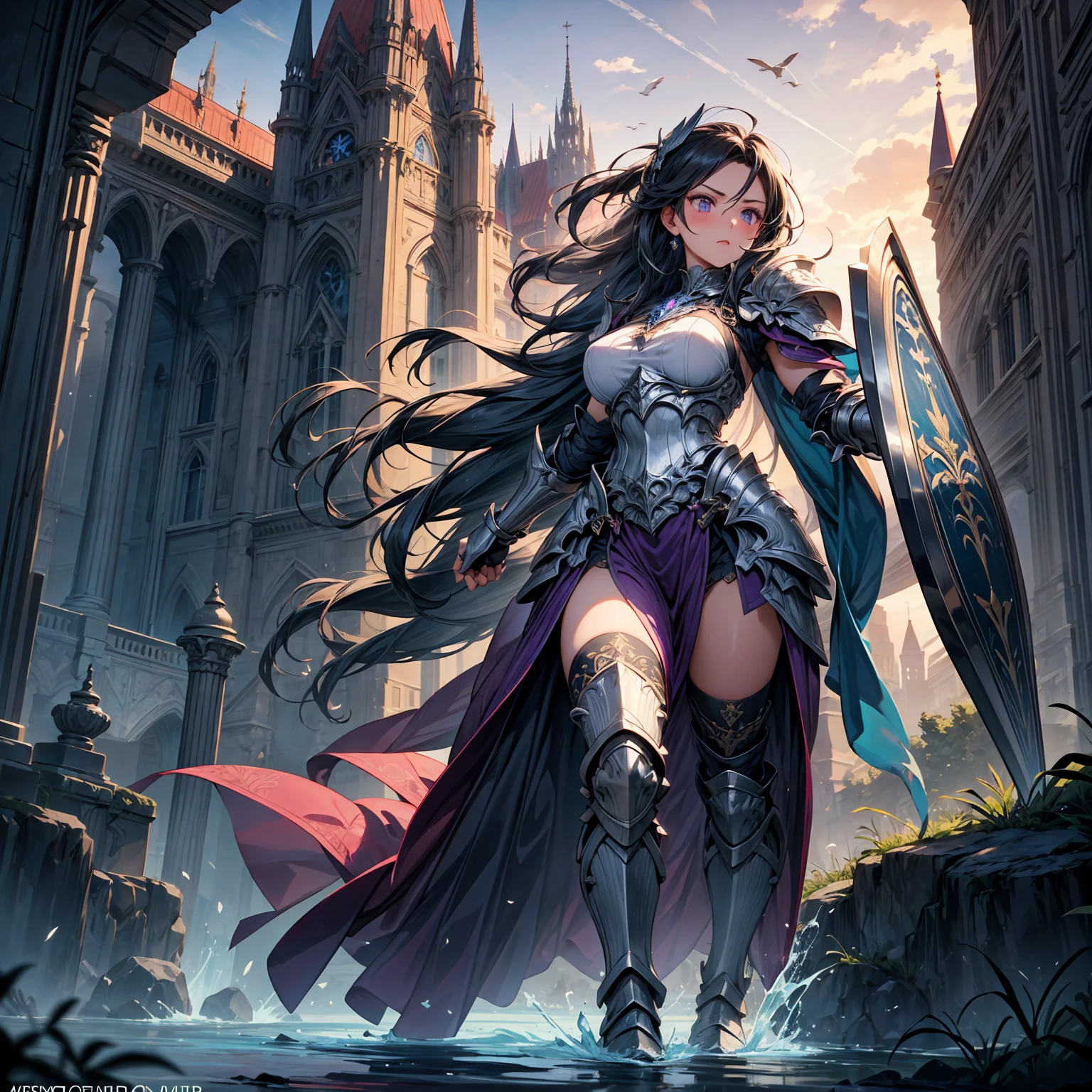 A majestic artwork of a graceful female paladin standing in a grand, medieval landscape. The full-body view reveals her adorned in exquisitely designed armor that combines elegance and strength. Her gleaming silver armor is intricately engraved with swirling patterns and symbols of protection and valor. The breastplate features delicate filigree and gem inlays, while her gauntlets and greaves are finely etched, catching the light with every movement. She wears an ornate, deep purple cape that flows gracefully behind her.

Her long black hair is tied in a sleek ponytail, cascading down her back, complementing her regal appearance. Her striking amethyst purple eyes, filled with resolve and determination, enhance her beauty and strength. She carries a beautifully crafted shield, embossed with intricate heraldic symbols and protective runes, its edges reinforced with gold trim. In her other hand, she wields a formidable mace, adorned with intricate engravings and inlaid gemstones that shimmer softly.

The background features a sprawling castle with tall spires against a dawn sky. Rolling hills and lush meadows stretch out before her, with a serene river winding through the landscape. Birds take flight in the early morning light, enhancing the sense of peace and anticipation.

The paladin stands poised and ready, embodying both grace and power, a guardian of the land and a beacon of hope for all who gaze upon her. Her presence is commanding and inspiring, a true paragon of beauty and strength.