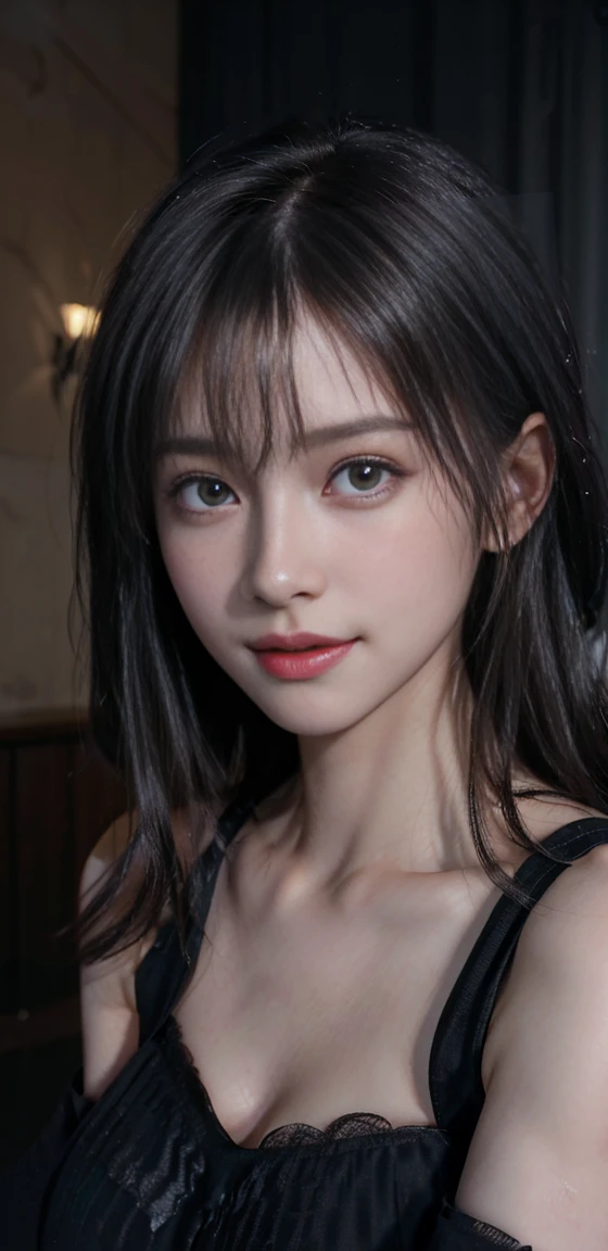(RAW photo, best quality), ((Nostalgia,1980s syle)),(A girl with a literary atmosphere:1.2),(realistic, photo-realistic:1.3), extremely delicate and beautiful, Amazing, finely detail, masterpiece, ultra-detailed, highest,best illustration, best shadow,intricate,depth of field,(closeup portrait of a young beautiful woman:1.2),long hair,messy hair,((((low key,dark scene,dimly lit)))),(((soft lighting:1.4))),(pale skin:1.4),(shy smile),(cinematic angle),sharp focus, volumetric fog, 8k UHD, DSLR, high quality,( film grain:1.4), Fujifilm XT3,(looking at viewer), pale skin, (smile), (upper body), huge breasts