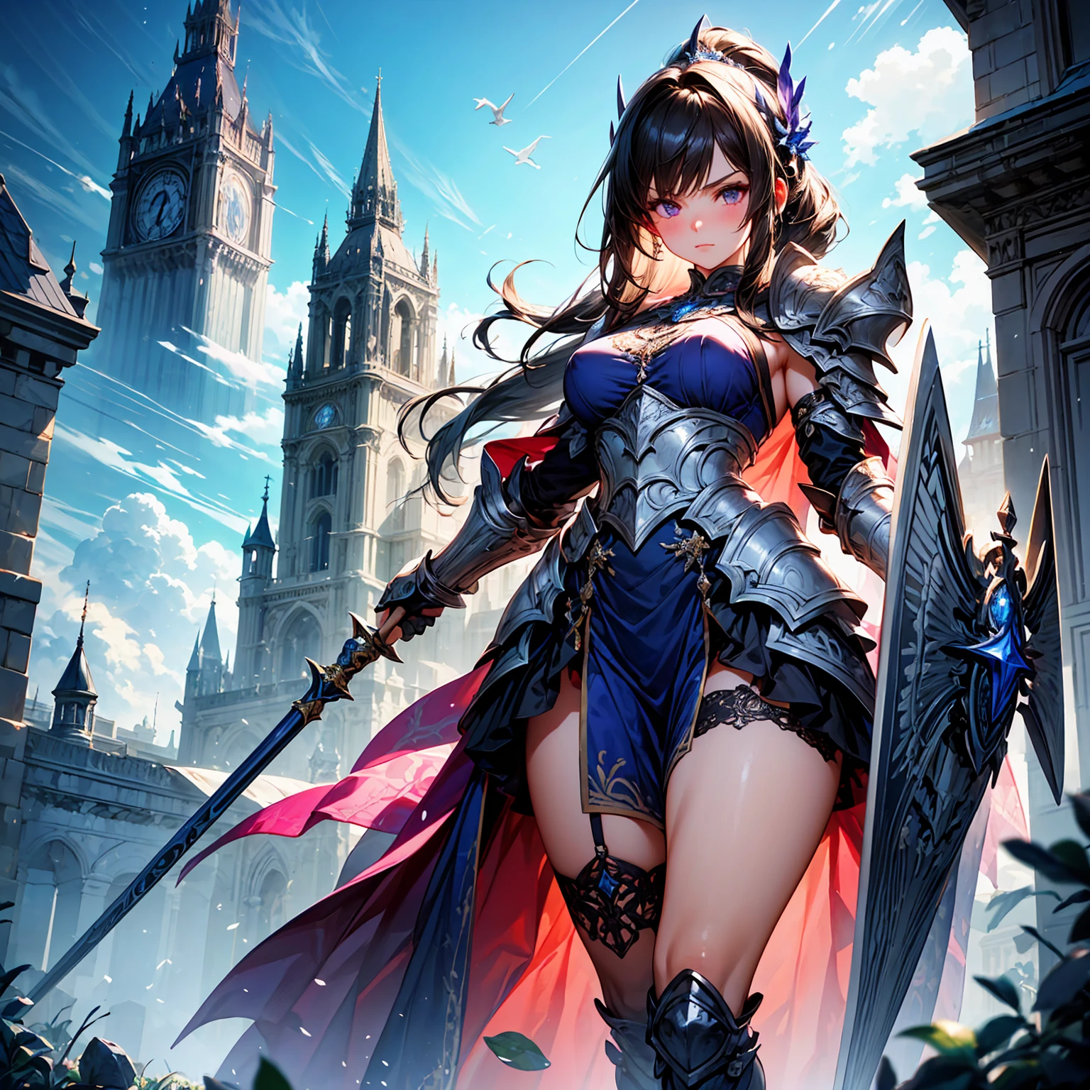 A majestic artwork of a graceful female paladin standing in a grand, medieval landscape. The full-body view reveals her adorned in exquisitely designed armor that combines elegance and strength. Her gleaming silver armor is intricately engraved with swirling patterns and symbols of protection and valor. The breastplate features delicate filigree and gem inlays, while her gauntlets and greaves are finely etched, catching the light with every movement. She wears an ornate, deep purple cape that flows gracefully behind her.
Her long black hair is tied in a sleek ponytail, cascading down her back, complementing her regal appearance. Her striking amethyst purple eyes, filled with resolve and determination, enhance her beauty and strength. She carries a beautifully crafted shield, embossed with intricate heraldic symbols and protective runes, its edges reinforced with gold trim. In her other hand, she wields a formidable mace, adorned with intricate engravings and inlaid gemstones that shimmer softly.
The background features a sprawling castle with tall spires against a dawn sky. Rolling hills and lush meadows stretch out before her, with a serene river winding through the landscape. Birds take flight in the early morning light, enhancing the sense of peace and anticipation.
The paladin stands poised and ready, embodying both grace and power, a guardian of the land and a beacon of hope for all who gaze upon her. Her presence is commanding and inspiring, a true paragon of beauty and strength.