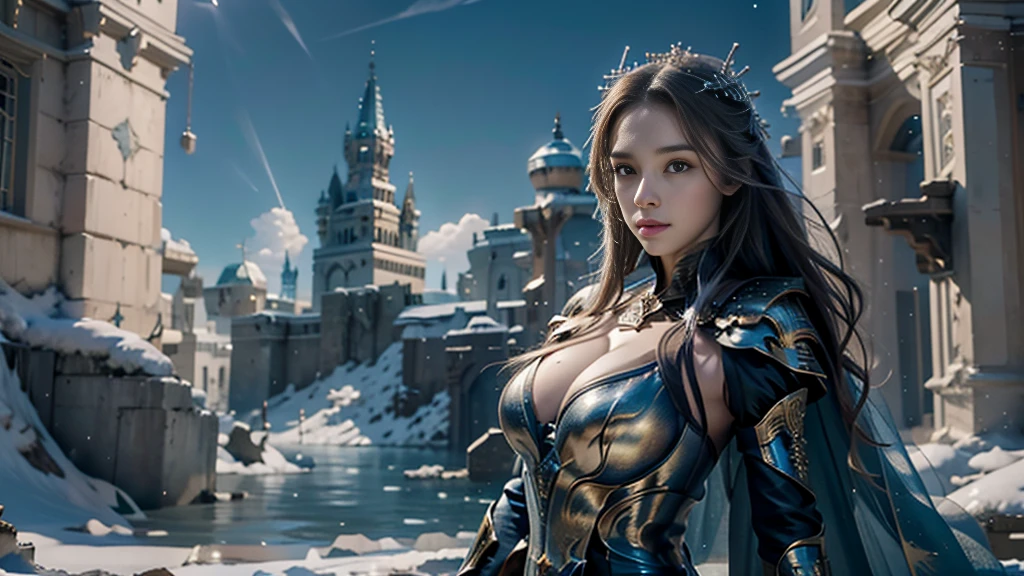 masterpiece, rest, best quality, Very detailed, Super real, 16K, high resolution, castle，snow, ((Starry Sky)),Female Mage，Gorgeous armor，Complex Mode，Large Breasts，Pretty Face，Closed mouth，dramatic，Half-length photo，Glowing scepter