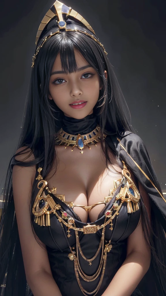 (THE MOST BEAUTIFUL EGYPTIAN EBONY DARK SKIN GIRL IN THE WORLD),(EGYPTIAN EBONY GIRL), (AGE 14 YO), (LARGE BREASTS CAN NOT BE VIEWED BY VIEWER), (SEPARATED CLEAVAGE),(CUTE SMILE LIPS PARTIALLY OPEN SEE TEETH), (PIERCING BEAUTIFUL YELLOW VIBRANT EYES),(BLUE EYES, ),(Ultra Realistic), (Illustration), (Increased Resolution), (8K), (Extremely Detailed), (Best Illustration), (Beautiful and Detailed Eyes), (Best Quality), (Ultra Detailed), (Masterpiece ), ( wallpaper), (detailed face), solo, 1 girl, looking at viewer, fine details, detailed face, in the dark, deep shadows, low key, pureerosfaceace_v1, smiling, long hair, black shawl straight hair , 46 points oblique bangs