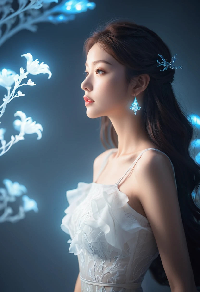 ((jewel_light element)), (Translucent luminous body_wearing a white frilly blouse), (girl made of light: 1.2, Long wavy hairstyle with delicate features and luminous light:1.3), (minimalism: 0.5), (Close-up angle above the waist: 1.3), 4K, HDR, acid graphics, fantasy work, [Detailed and vivid faces: 0.33], (White translucent glowing body and hair: 1.3), Silhouette outline and glowing beautiful woman, Understated elegance is revealed.. A calm and dignified atmosphere provides a subtle sense of luxury... gray smooth texture, stylish pose, fluorescent, glowing tattoo, bioluminescent tattoo, glowing pattern.