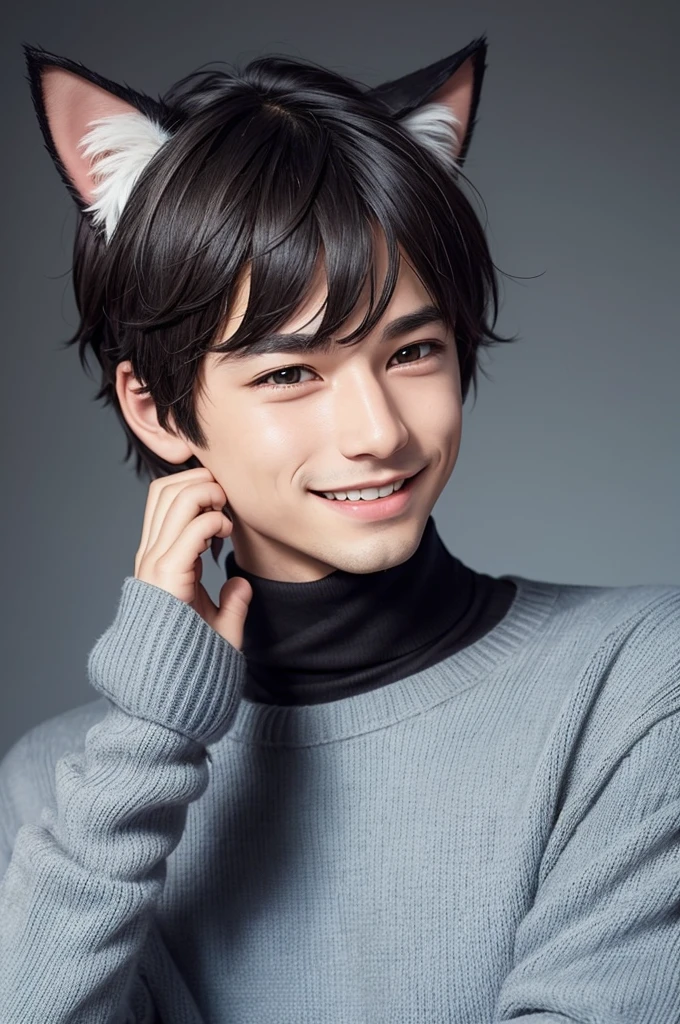 A boy with cat ears, wearing a polo neck sweater, with a hand close to the mouth, Grinning