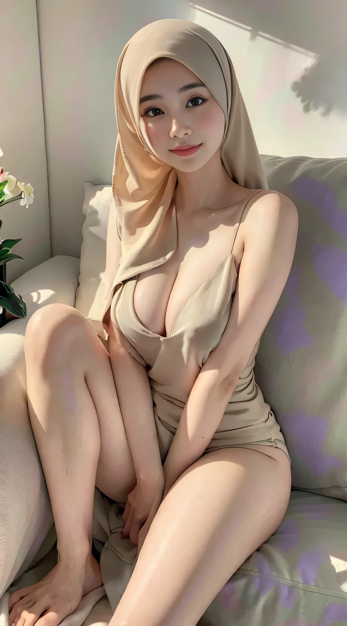 cleavage, RAW, Best quality, high resolution, Masterpiece: 1.3, Beautiful glasses hijabi java girl, Masterpiece, Soft smile ( perfect big breast), uncovered breast, Fully naked, ((spread leg showing vagina)), showing pussy, spread legs, open leg, perfect vagina, sensuality pose, sensual position, sexy pose, (showing vagina). Full body, full image, naked